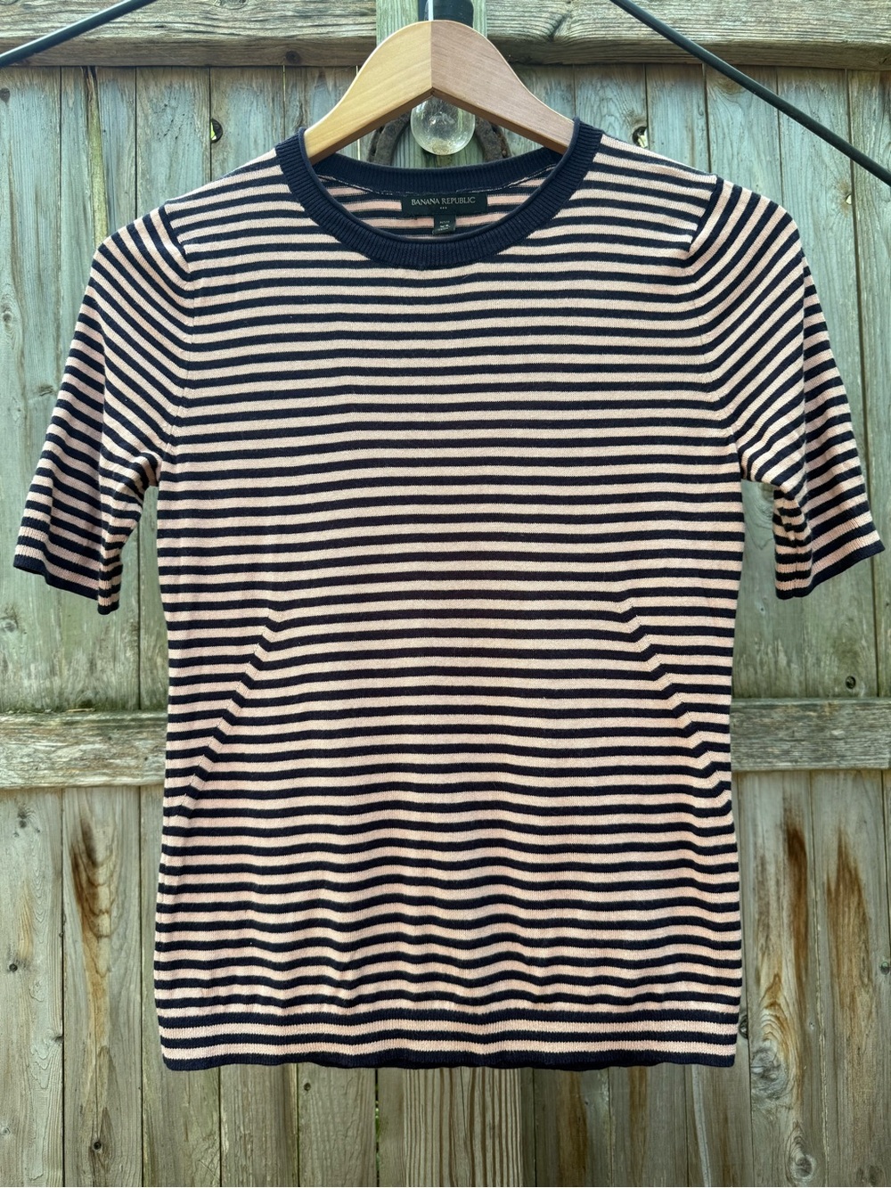 Banana Republic Navy & Peach Striped Short Sleeve Top Nautical Preppy Business